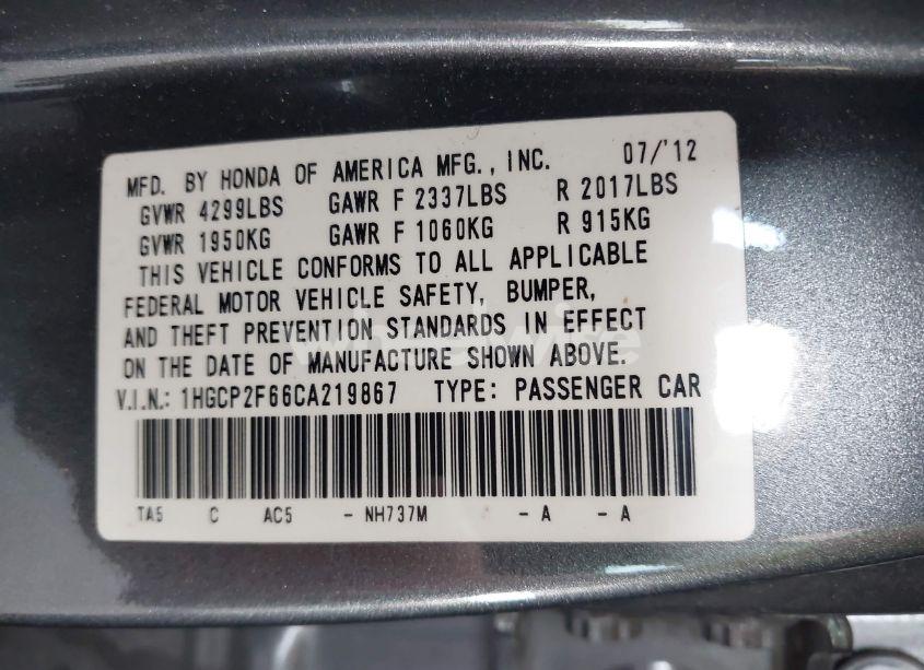 Photo 9 of 2012 Honda Accord 2.4 SE (VIN 1HGCP2F66CA219867)