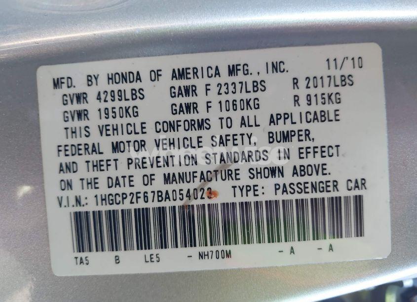 Photo 9 of 2011 Honda Accord 2.4 SE (VIN 1HGCP2F67BA054023)
