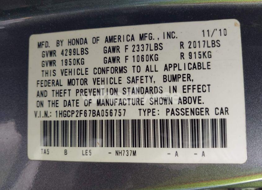 Photo 9 of 2011 Honda Accord 2.4 SE (VIN 1HGCP2F67BA056757)