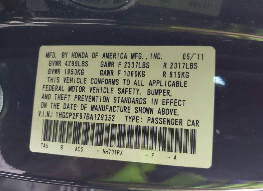 Photo 9 of 2011 Honda Accord 2.4 SE (VIN 1HGCP2F67BA129352)