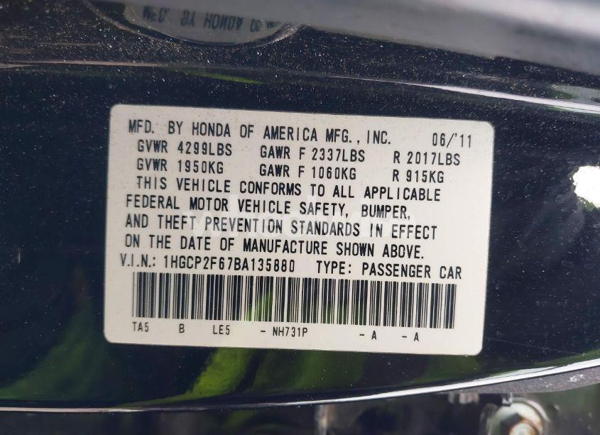 Photo 9 of 2011 Honda Accord 2.4 SE (VIN 1HGCP2F67BA135880)