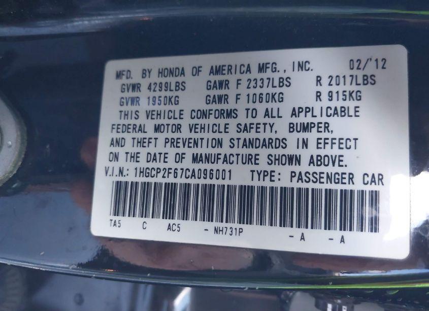 Photo 9 of 2012 Honda Accord 2.4 SE (VIN 1HGCP2F67CA096001)