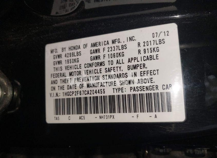 Photo 9 of 2012 Honda Accord 2.4 SE (VIN 1HGCP2F67CA204455)