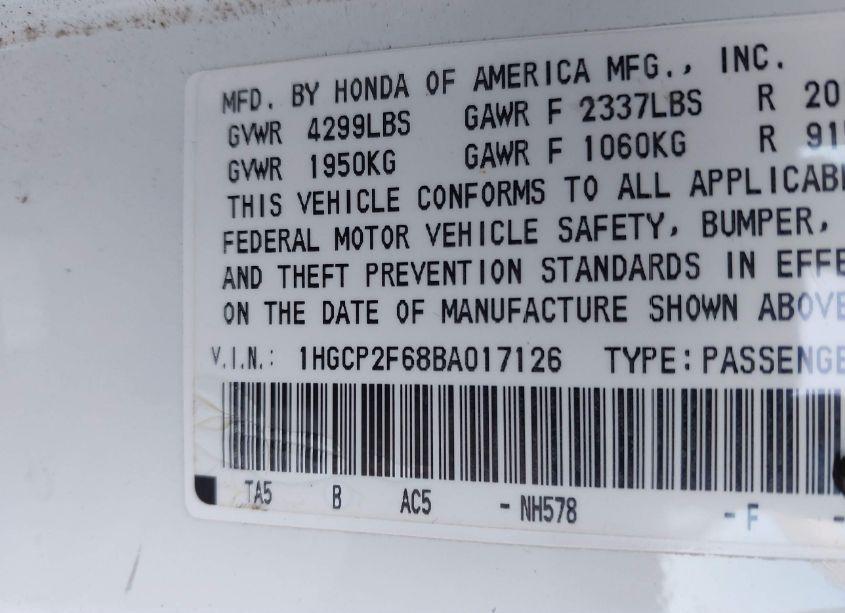 Photo 9 of 2011 Honda Accord 2.4 SE (VIN 1HGCP2F68BA017126)