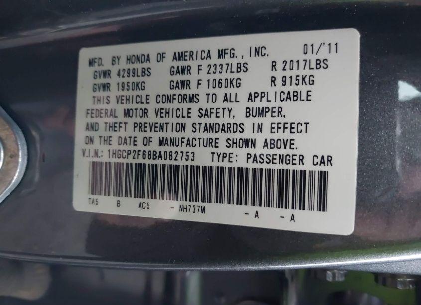Photo 9 of 2011 Honda Accord 2.4 SE (VIN 1HGCP2F68BA082753)