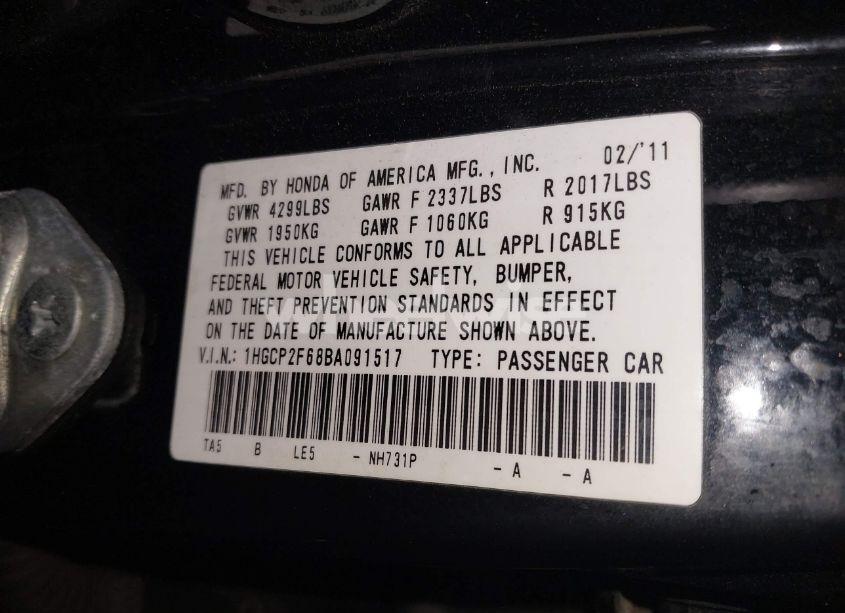 Photo 9 of 2011 Honda Accord 2.4 SE (VIN 1HGCP2F68BA091517)