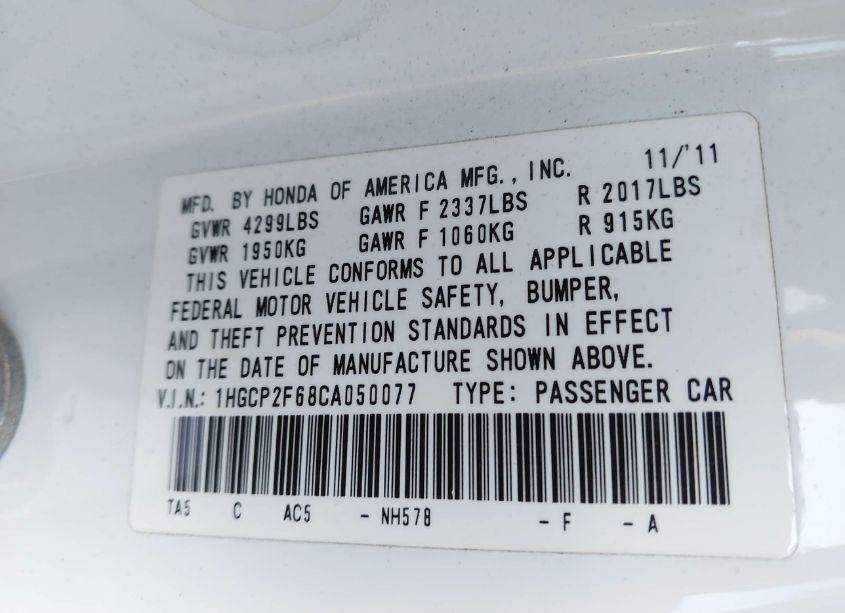 Photo 9 of 2012 Honda Accord 2.4 SE (VIN 1HGCP2F68CA050077)