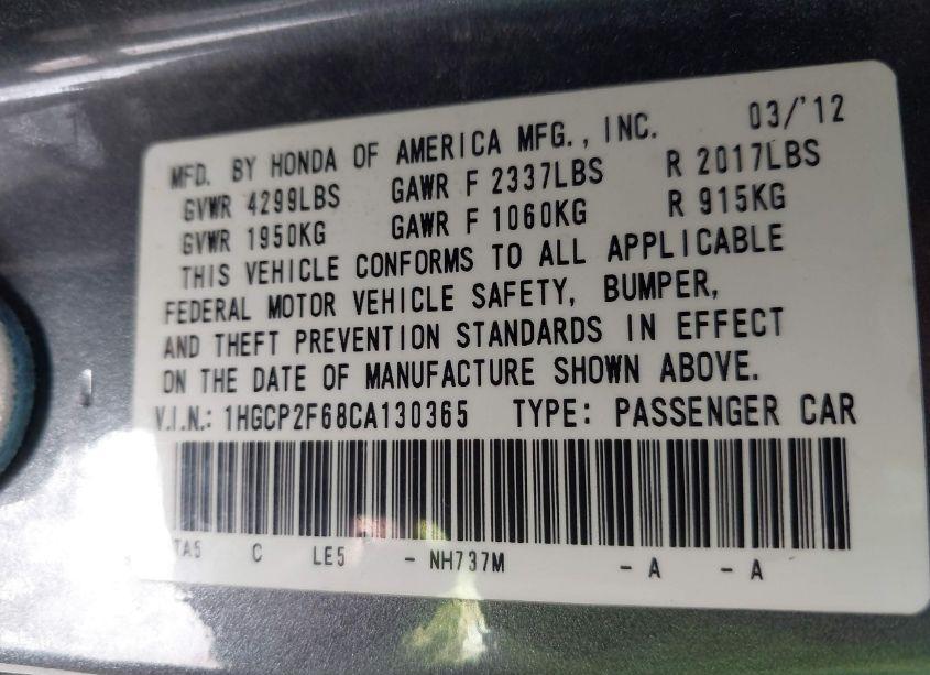 Photo 9 of 2012 Honda Accord 2.4 SE (VIN 1HGCP2F68CA130365)