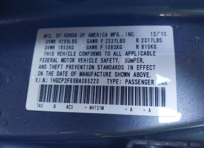 Photo 9 of 2011 Honda Accord 2.4 SE (VIN 1HGCP2F69BA065220)