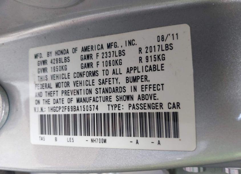 Photo 9 of 2011 Honda Accord 2.4 SE (VIN 1HGCP2F69BA150574)