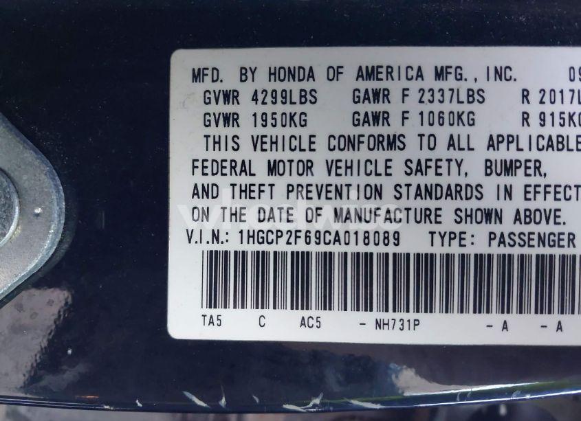 Photo 9 of 2012 Honda Accord 2.4 SE (VIN 1HGCP2F69CA018089)