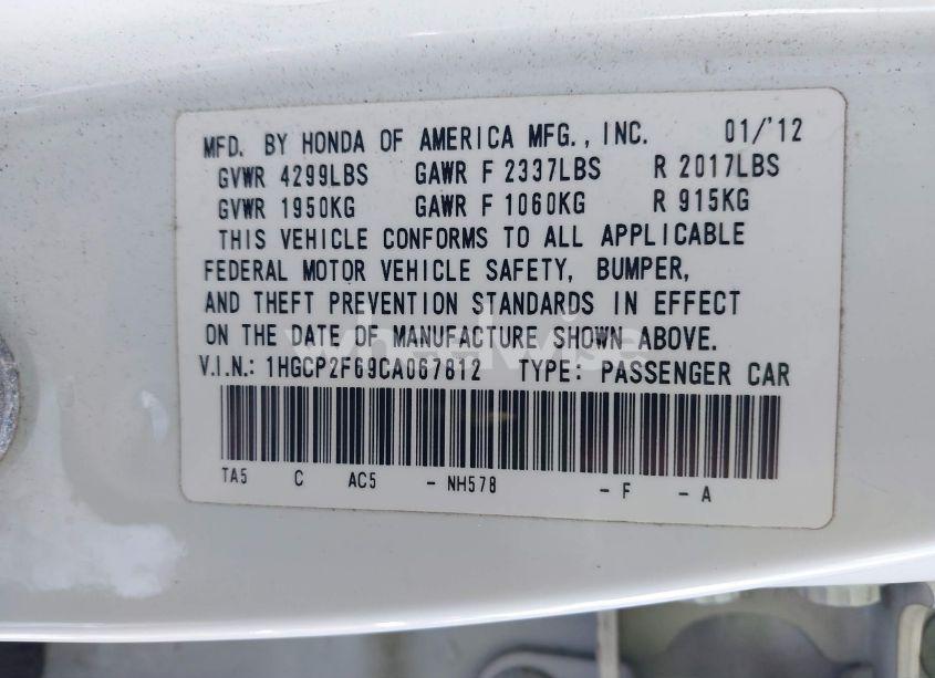 Photo 9 of 2012 Honda Accord 2.4 SE (VIN 1HGCP2F69CA067812)