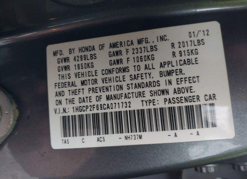 Photo 9 of 2012 Honda Accord 2.4 SE (VIN 1HGCP2F69CA071732)