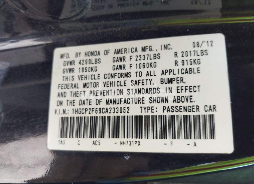 Photo 9 of 2012 Honda Accord 2.4 SE (VIN 1HGCP2F69CA233052)