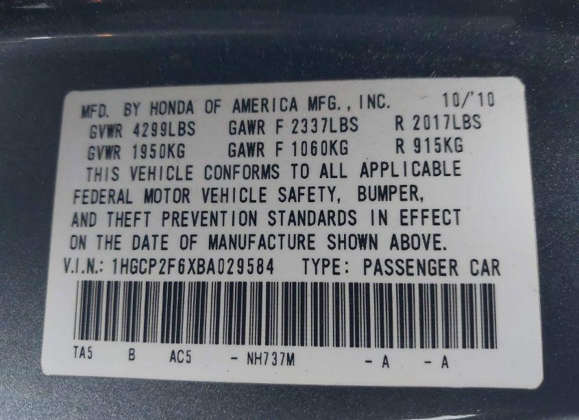 Photo 9 of 2011 Honda Accord 2.4 SE (VIN 1HGCP2F6XBA029584)
