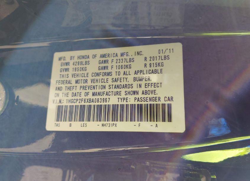 Photo 9 of 2011 Honda Accord 2.4 SE (VIN 1HGCP2F6XBA083967)