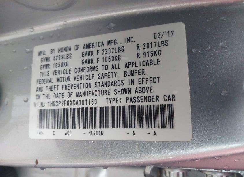 Photo 9 of 2012 Honda Accord 2.4 SE (VIN 1HGCP2F6XCA101160)
