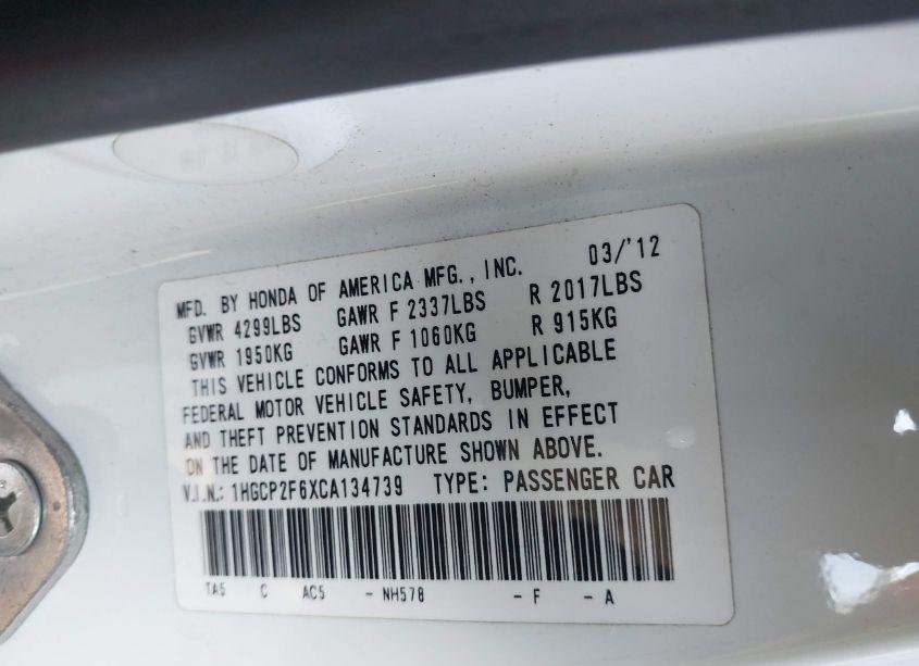 Photo 9 of 2012 Honda Accord 2.4 SE (VIN 1HGCP2F6XCA134739)