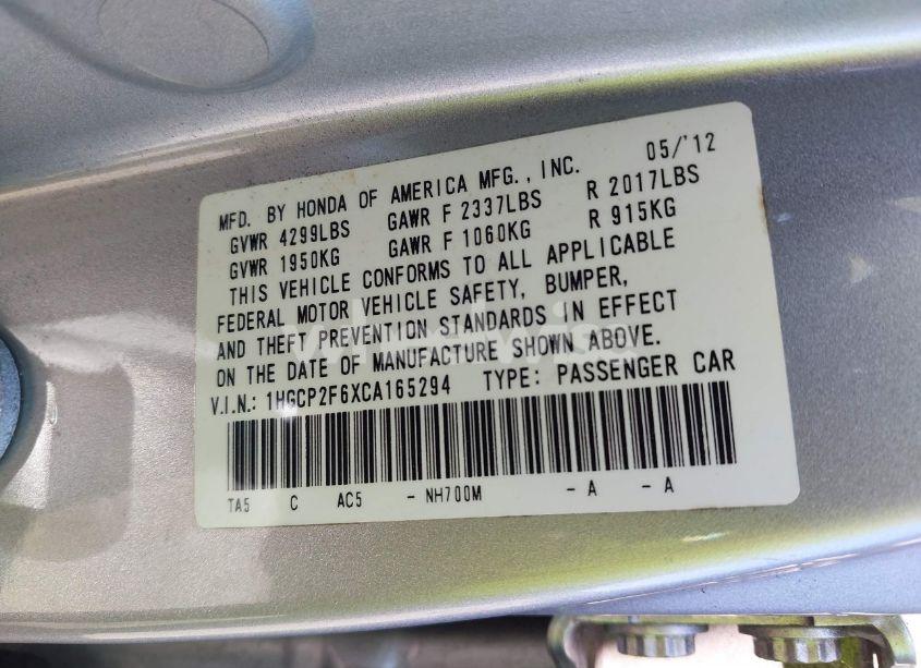 Photo 9 of 2012 Honda Accord 2.4 SE (VIN 1HGCP2F6XCA165294)