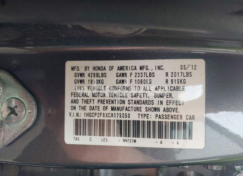 Photo 9 of 2012 Honda Accord 2.4 SE (VIN 1HGCP2F6XCA175050)