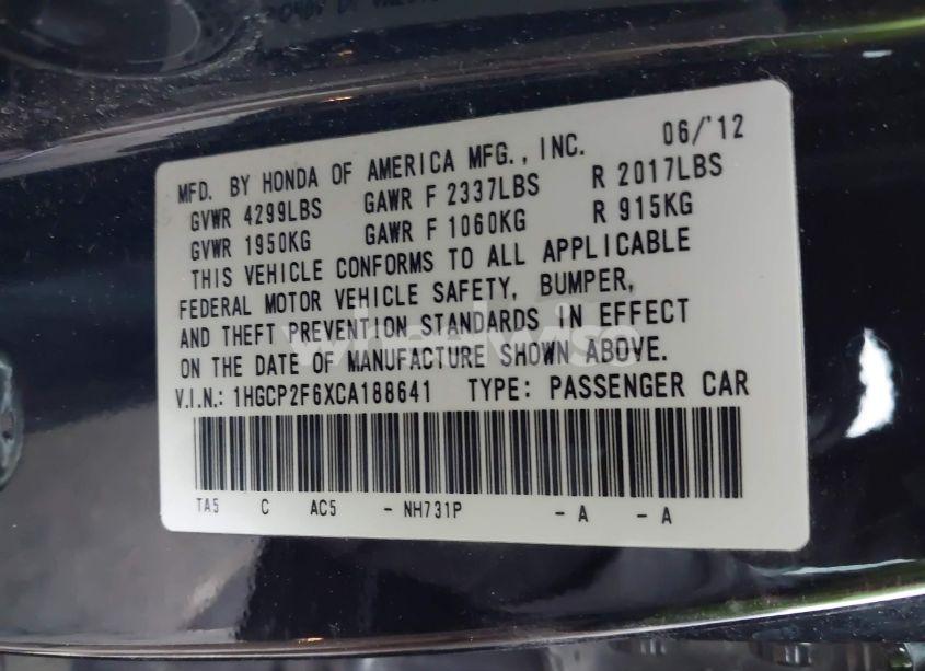 Photo 9 of 2012 Honda Accord 2.4 SE (VIN 1HGCP2F6XCA188641)