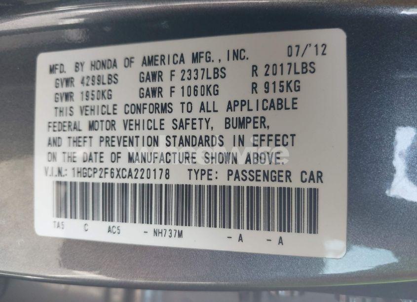 Photo 9 of 2012 Honda Accord 2.4 SE (VIN 1HGCP2F6XCA220178)