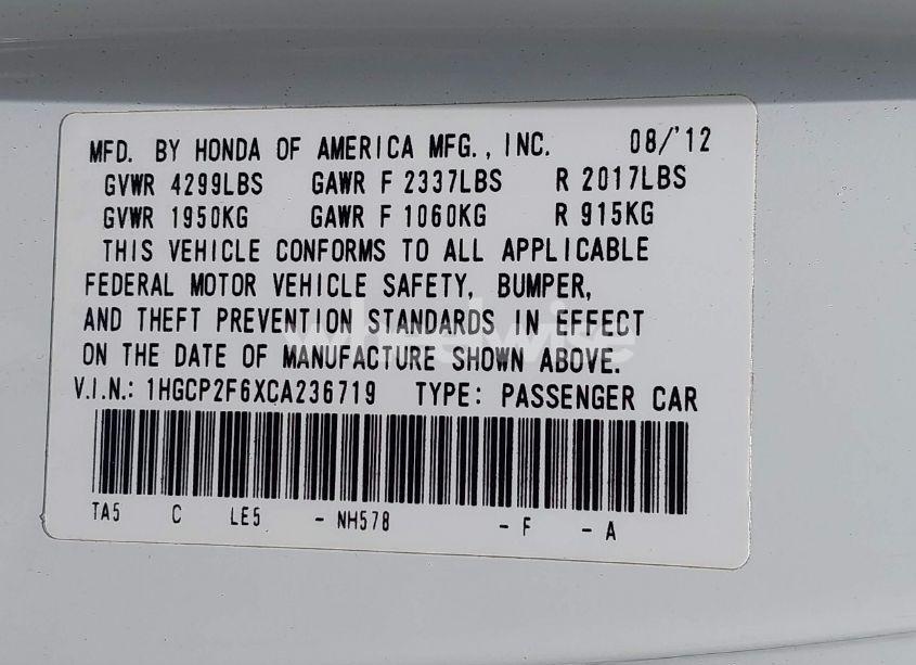 Photo 9 of 2012 Honda Accord 2.4 SE (VIN 1HGCP2F6XCA236719)