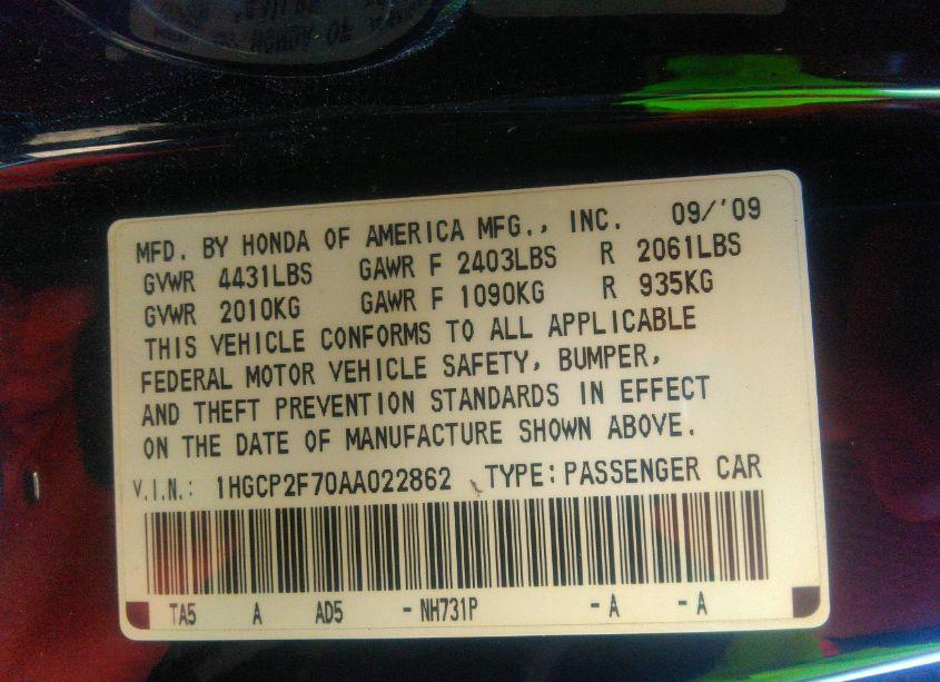 Photo 9 of 2010 Honda Accord 2.4 EX (VIN 1HGCP2F70AA022862)