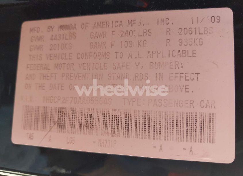 Photo 9 of 2010 Honda Accord 2.4 EX (VIN 1HGCP2F70AA055649)