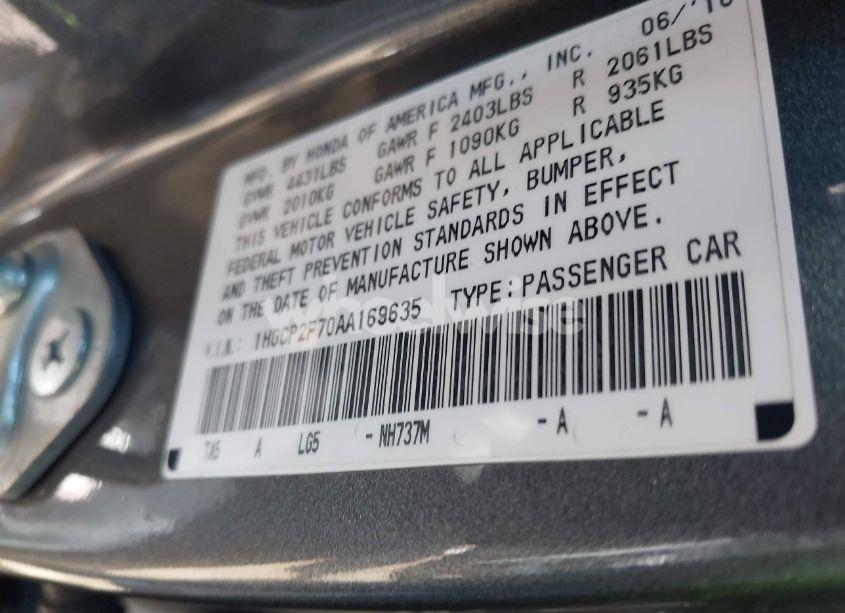 Photo 9 of 2010 Honda Accord 2.4 EX (VIN 1HGCP2F70AA169635)