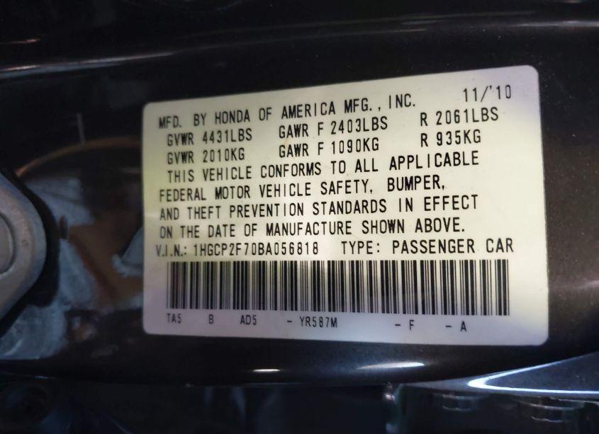 Photo 9 of 2011 Honda Accord 2.4 EX (VIN 1HGCP2F70BA056818)