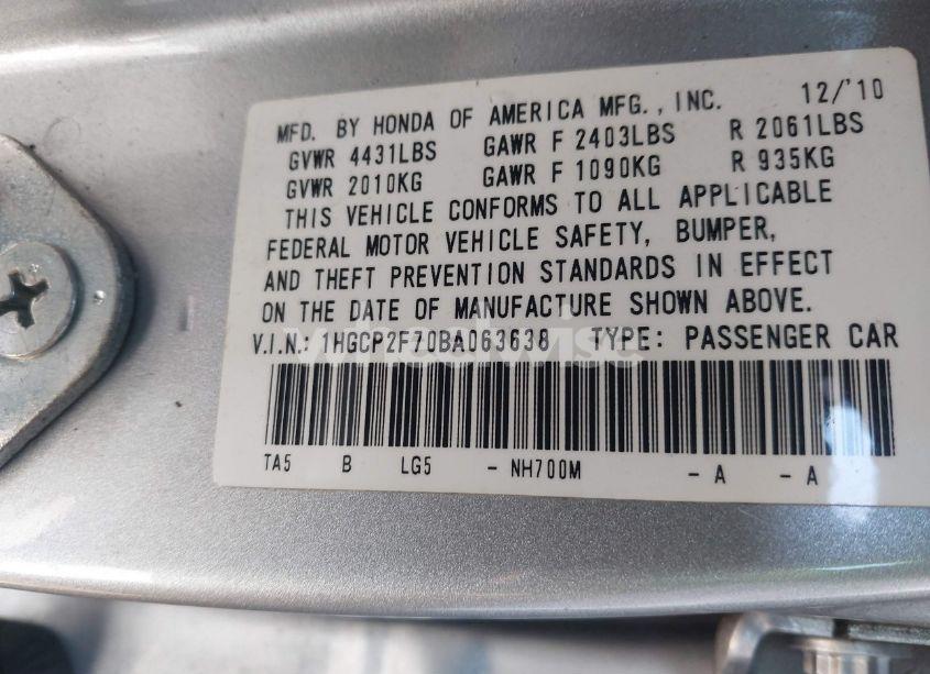 Photo 9 of 2011 Honda Accord 2.4 EX (VIN 1HGCP2F70BA063638)