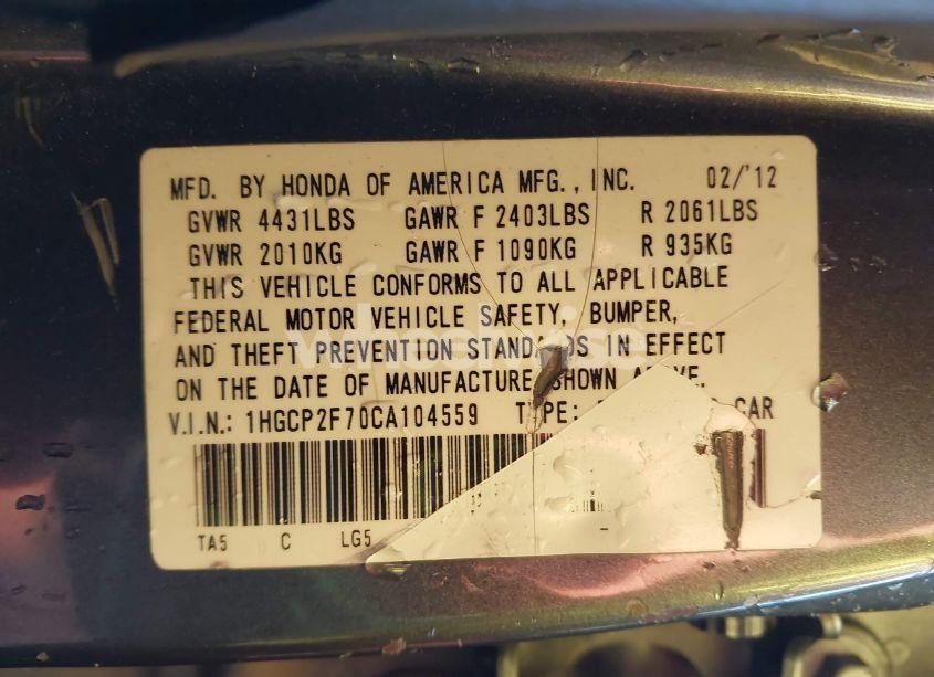 Photo 9 of 2012 Honda Accord SDN EX (VIN 1HGCP2F70CA104559)