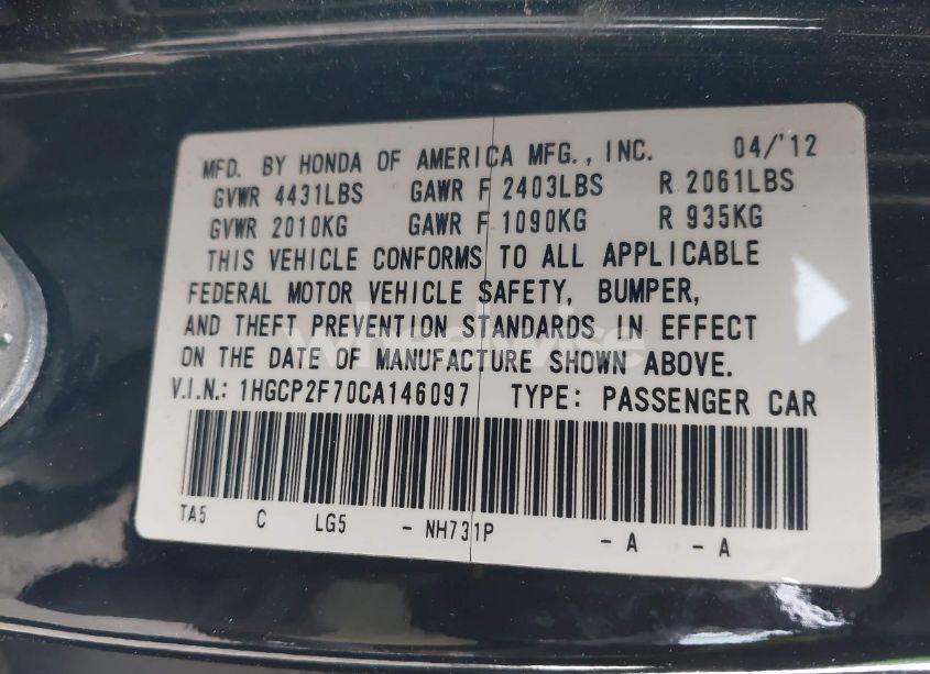 Photo 9 of 2012 Honda Accord 2.4 EX (VIN 1HGCP2F70CA146097)