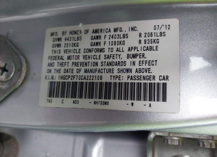 Photo 9 of 2012 Honda Accord 2.4 EX (VIN 1HGCP2F70CA222109)