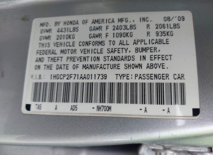 Photo 9 of 2010 Honda Accord 2.4 EX (VIN 1HGCP2F71AA011739)