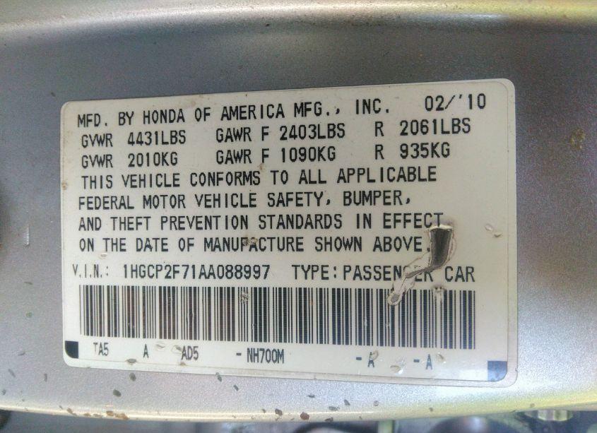 Photo 9 of 2010 Honda Accord 2.4 EX (VIN 1HGCP2F71AA088997)