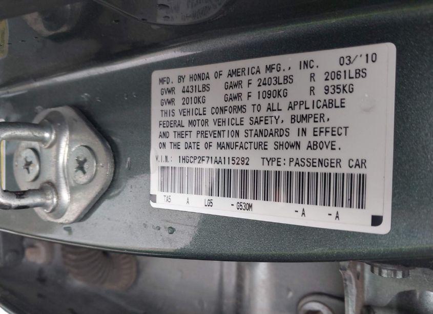Photo 9 of 2010 Honda Accord 2.4 EX (VIN 1HGCP2F71AA115292)
