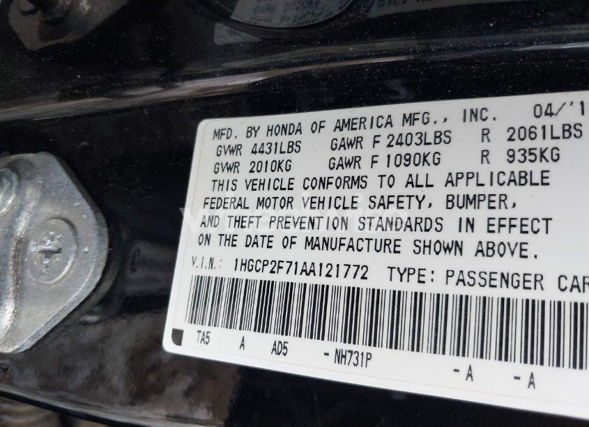 Photo 9 of 2010 Honda Accord 2.4 EX (VIN 1HGCP2F71AA121772)