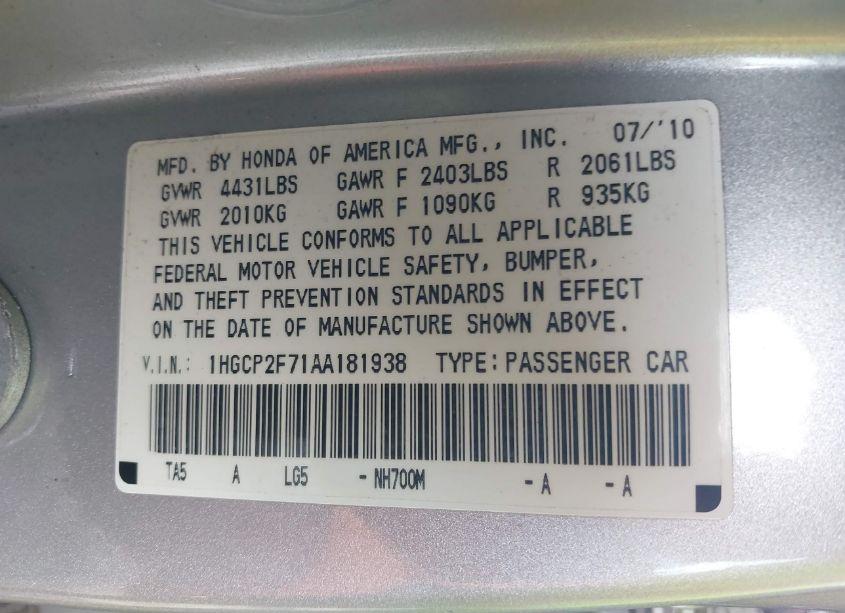 Photo 9 of 2010 Honda Accord 2.4 EX (VIN 1HGCP2F71AA181938)
