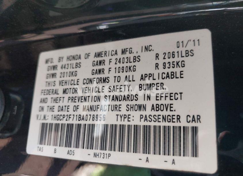 Photo 9 of 2011 Honda Accord 2.4 EX (VIN 1HGCP2F71BA078956)