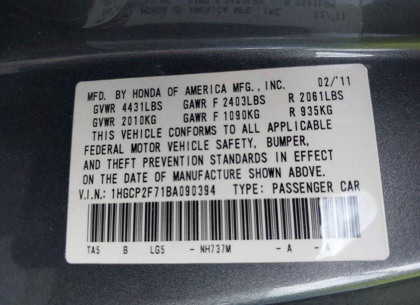 Photo 9 of 2011 Honda Accord 2.4 EX (VIN 1HGCP2F71BA090394)