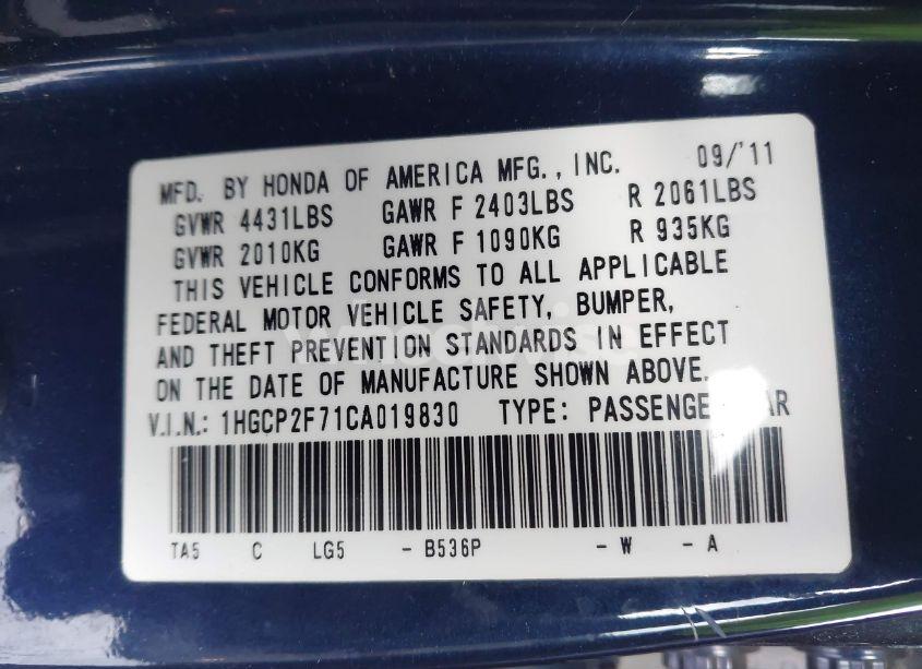 Photo 9 of 2012 Honda Accord 2.4 EX (VIN 1HGCP2F71CA019830)