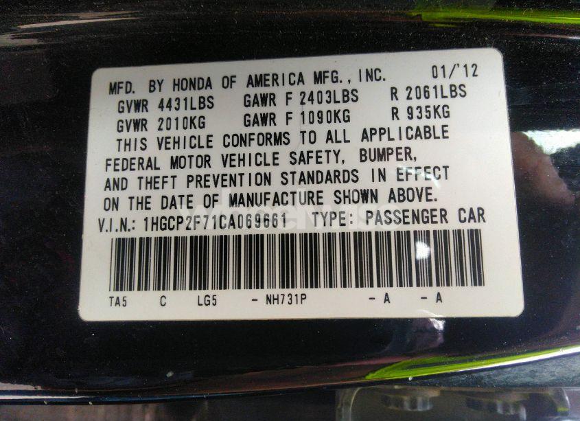 Photo 9 of 2012 Honda Accord 2.4 EX (VIN 1HGCP2F71CA069661)