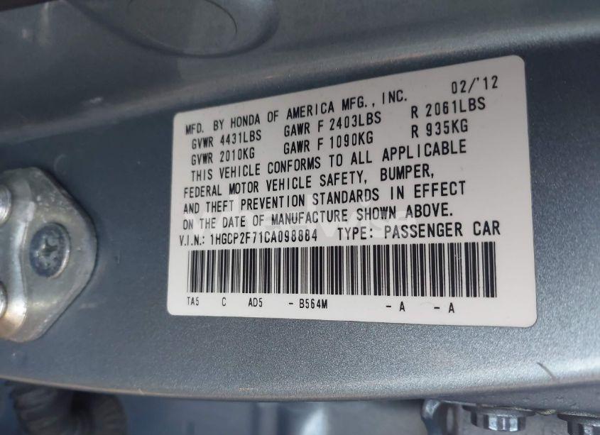 Photo 9 of 2012 Honda Accord 2.4 EX (VIN 1HGCP2F71CA098884)