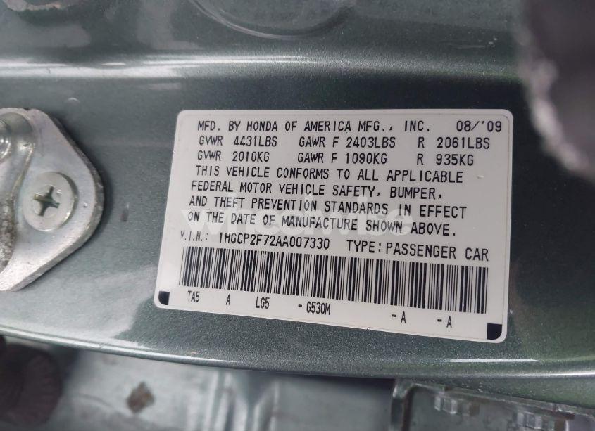 Photo 9 of 2010 Honda Accord 2.4 EX (VIN 1HGCP2F72AA007330)