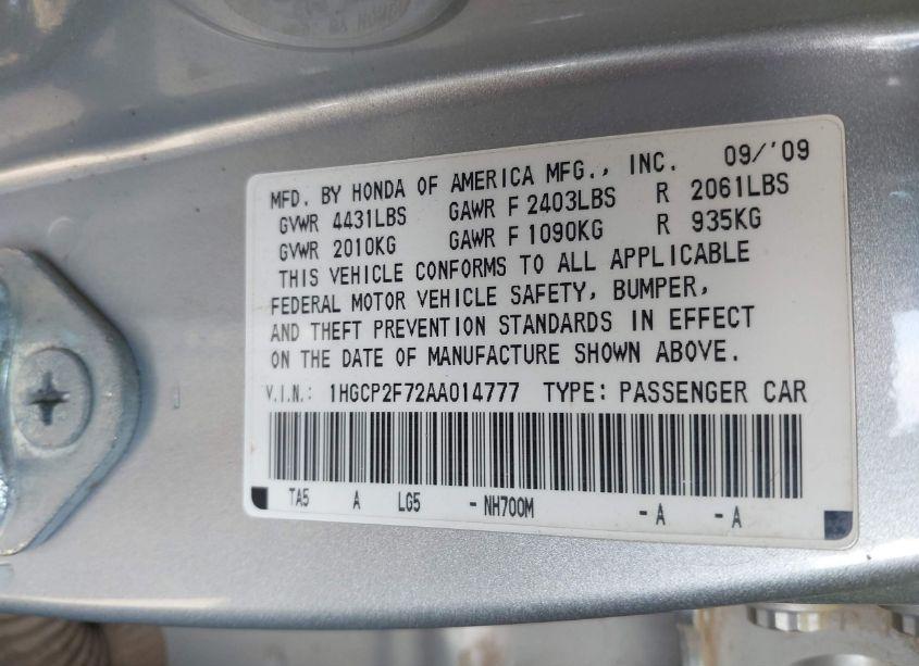 Photo 9 of 2010 Honda Accord 2.4 EX (VIN 1HGCP2F72AA014777)