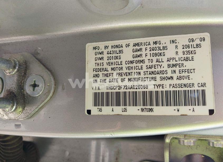 Photo 9 of 2010 Honda Accord 2.4 EX (VIN 1HGCP2F72AA026069)