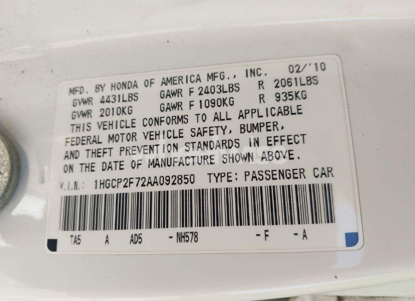 Photo 9 of 2010 Honda Accord 2.4 EX (VIN 1HGCP2F72AA092850)