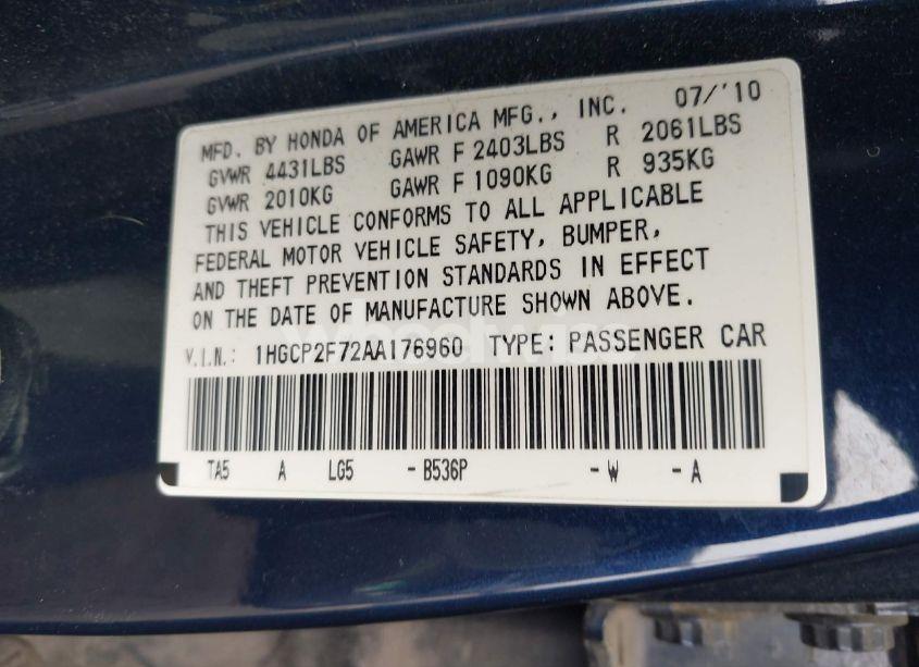 Photo 9 of 2010 Honda Accord 2.4 EX (VIN 1HGCP2F72AA176960)
